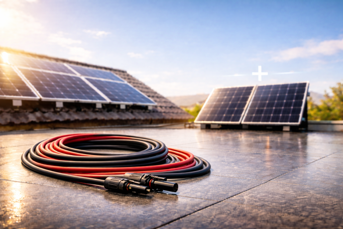 Solarpaneele auf einem Dach mit Solarkabeln im Vordergrund.