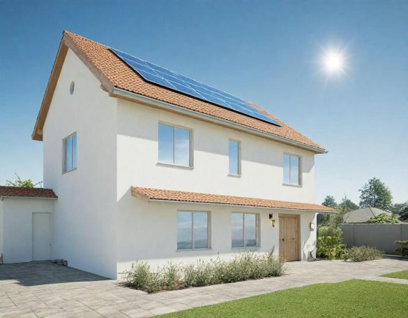 Modernes Haus mit Solarpanelen auf dem Dach und Garten im Vordergrund.